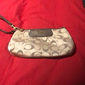 Coach large wristlet cream metallic logo
